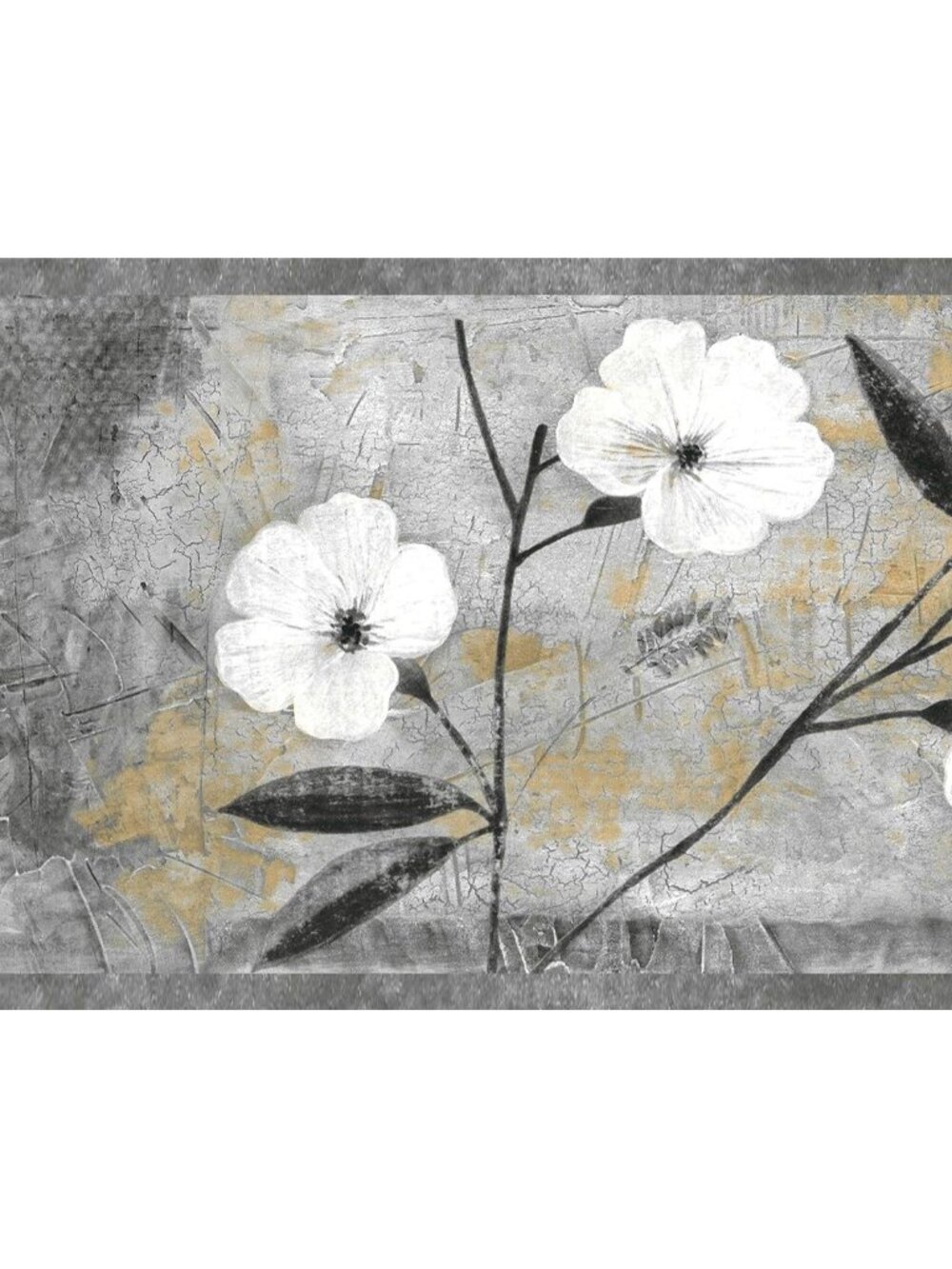 Wallpaper Border Peel and Stick, White Flowers on Grey, Gold, 15ft x 7in